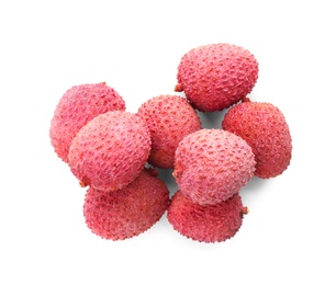 Pile of fresh ripe lychees on white background, top view