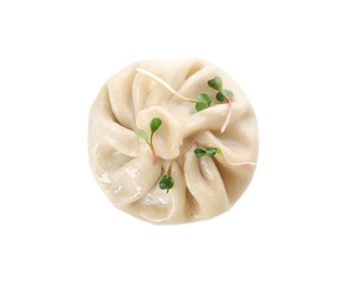 Photo of Tasty baozi dumpling with sprouts on white background, top view