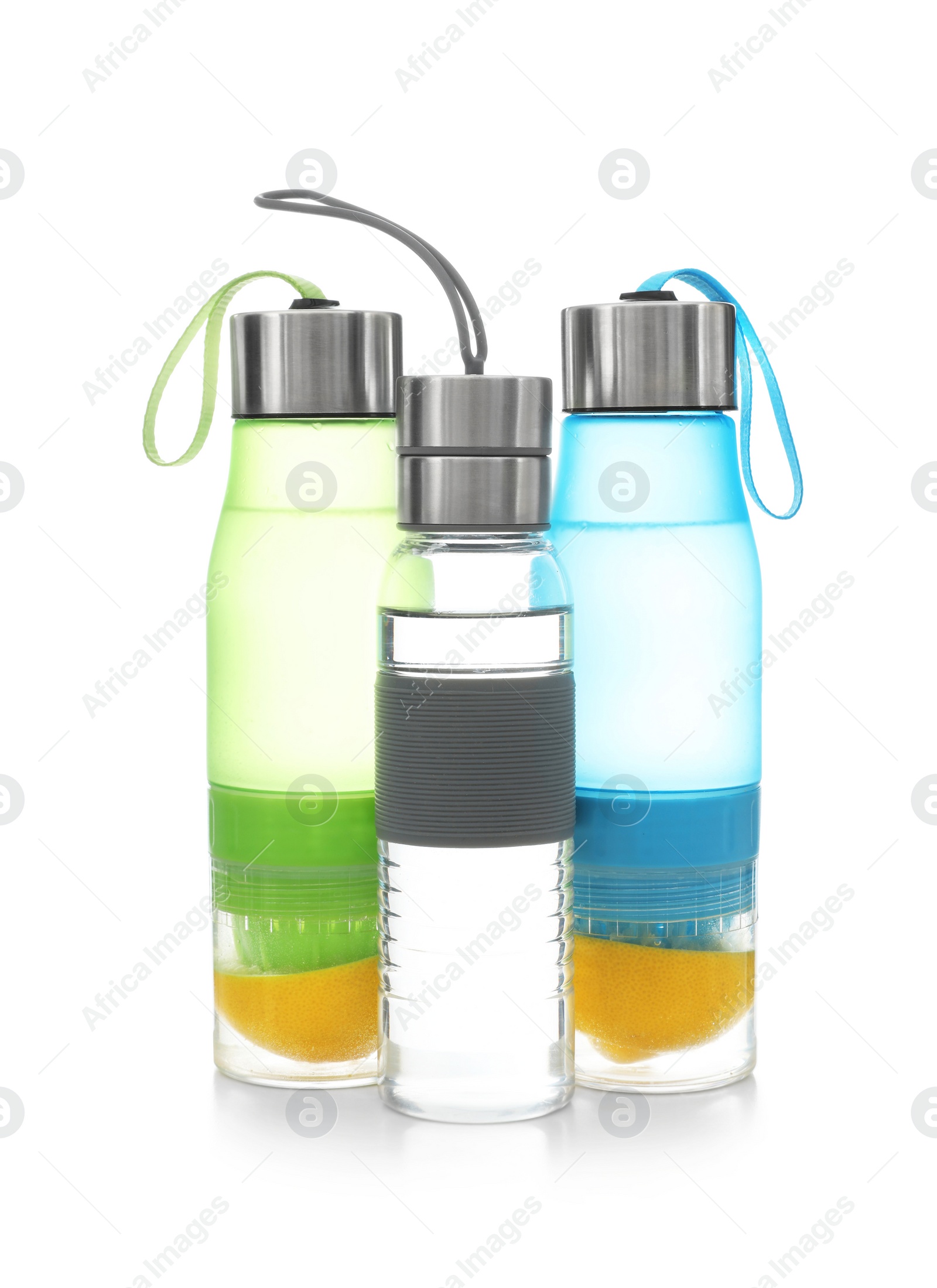 Photo of Different water bottles for sports on white background