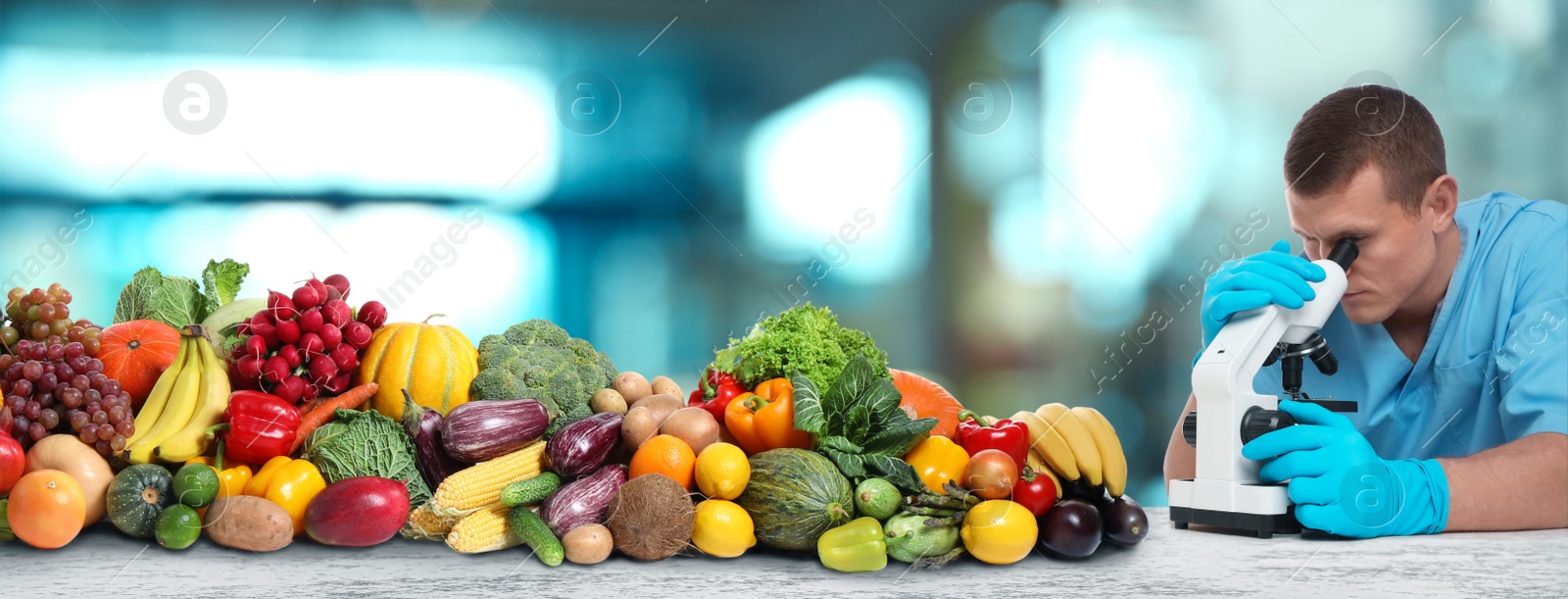 Image of Quality control specialist inspecting food in laboratory. Banner design 