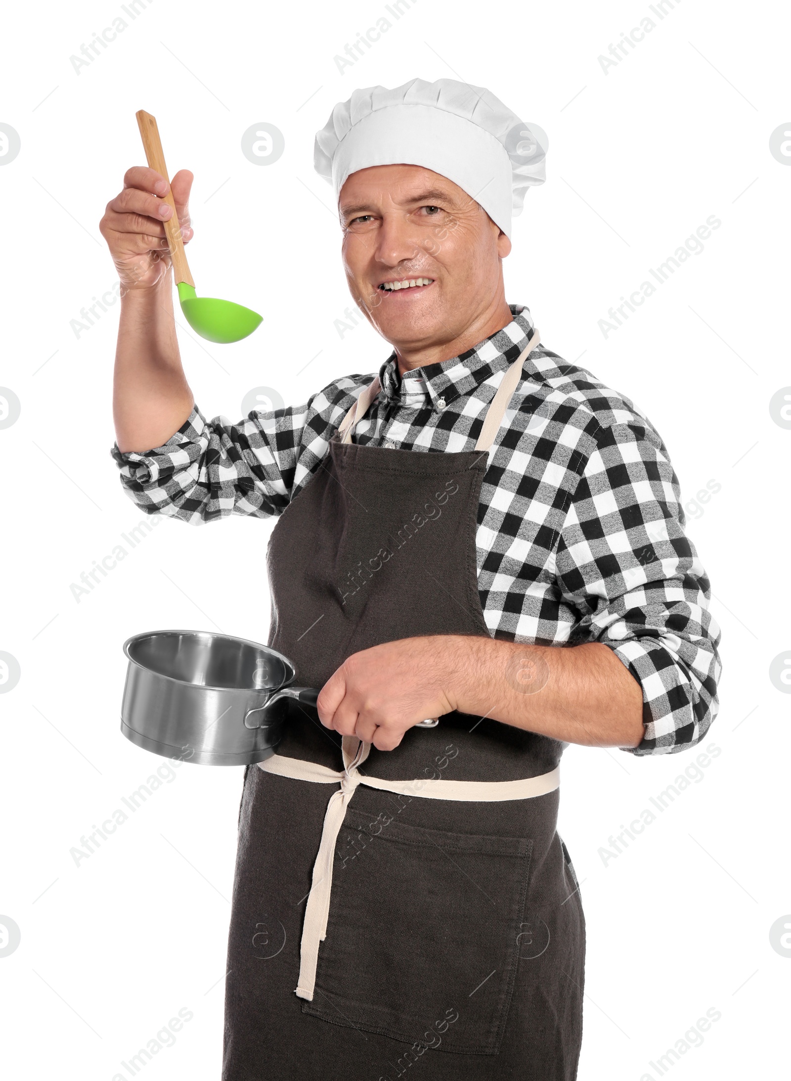 Photo of Mature male chef holding ladle and saucepan on white background