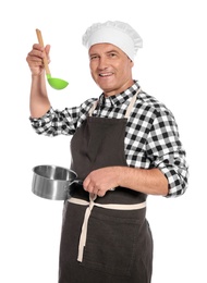 Mature male chef holding ladle and saucepan on white background