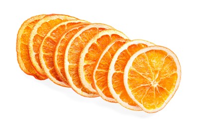 Photo of Delicious dry orange slices on white background, top view