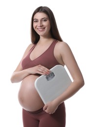 Photo of Pregnant woman with scales on white background