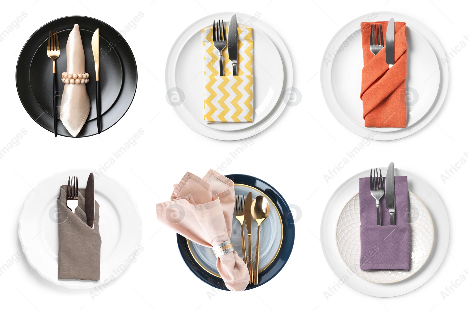 Image of Set with examples of different beautiful table settings on white background, top view