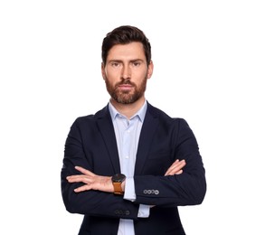 Photo of Portrait of serious man with crossed arms on white background. Lawyer, businessman, accountant or manager