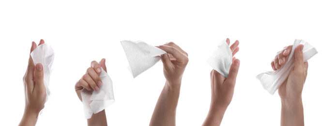 Image of Closeup view of people cleaning hands with wet wipes on white background, collage. Banner design