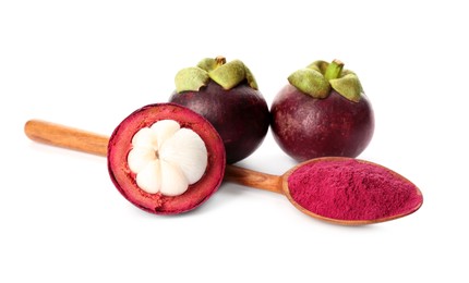 Mangosteen powder and fruits on white background