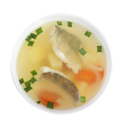 Delicious fish soup in bowl isolated on white, top view