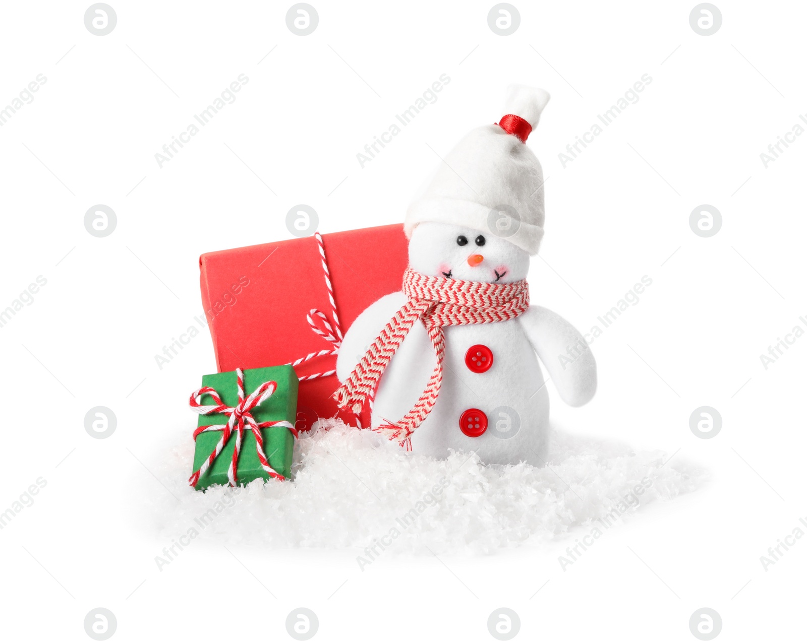 Photo of Cute snowman and Christmas decoration on white background