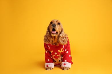 Photo of Adorable Cocker Spaniel in Christmas sweater on yellow background