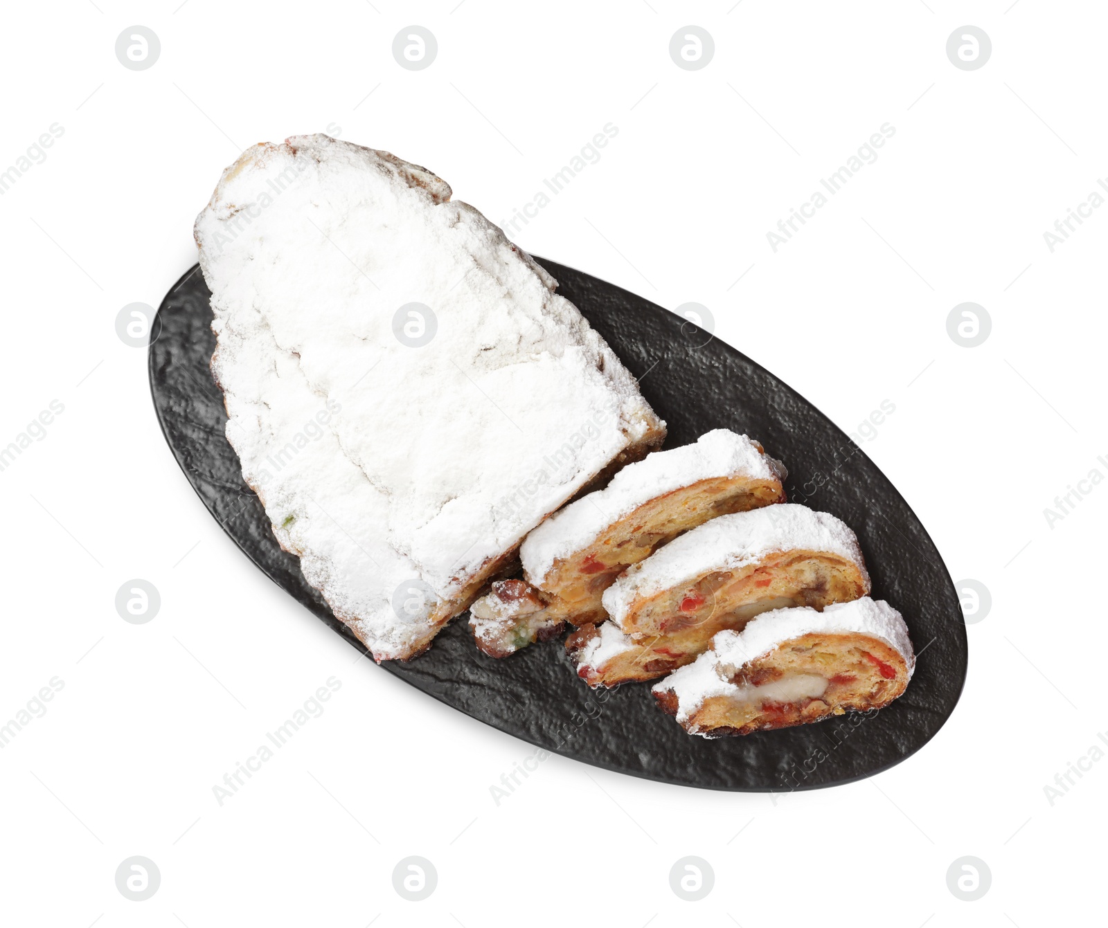 Photo of Traditional Christmas Stollen with icing sugar on white background, top view