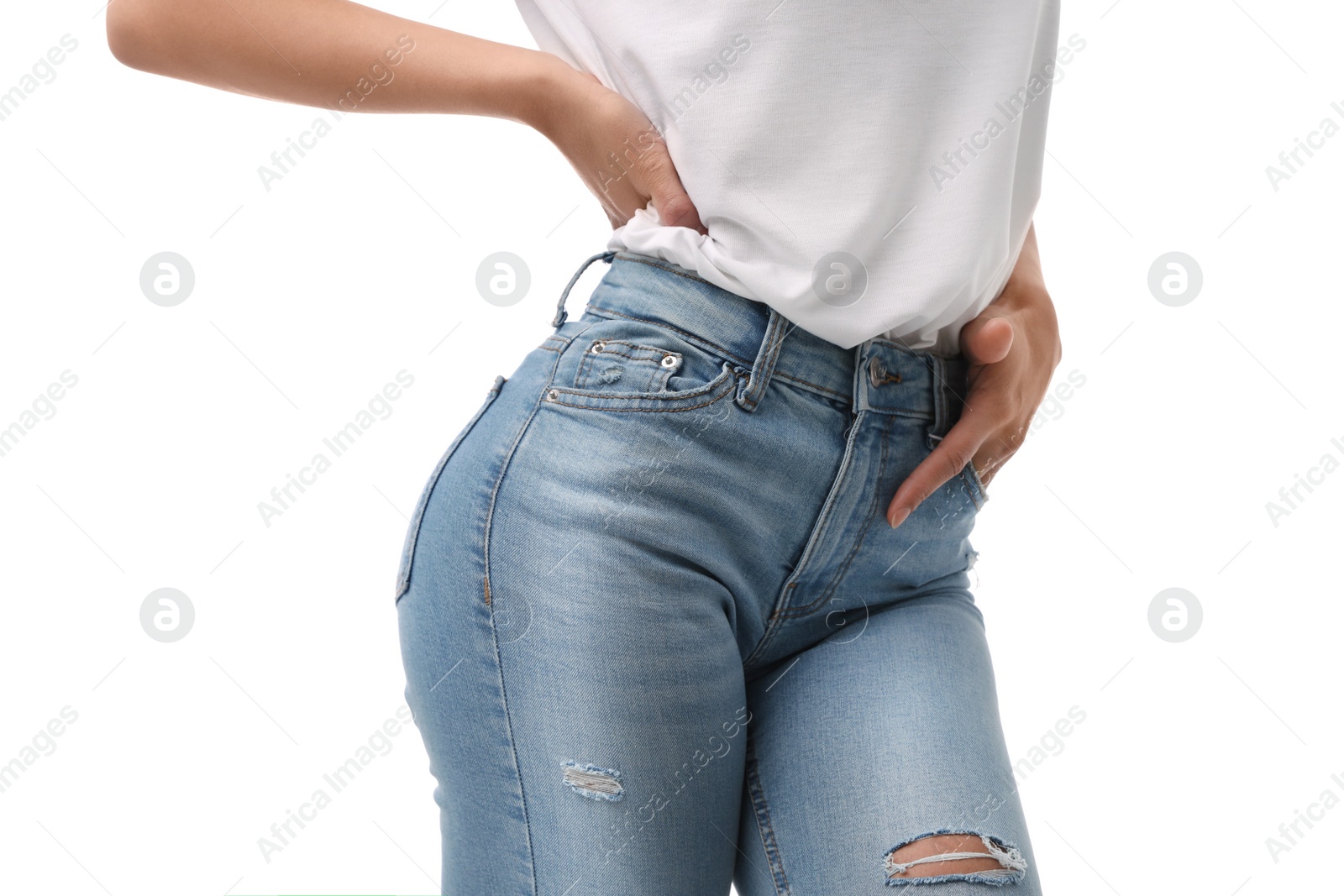 Photo of Woman wearing jeans on white background, closeup