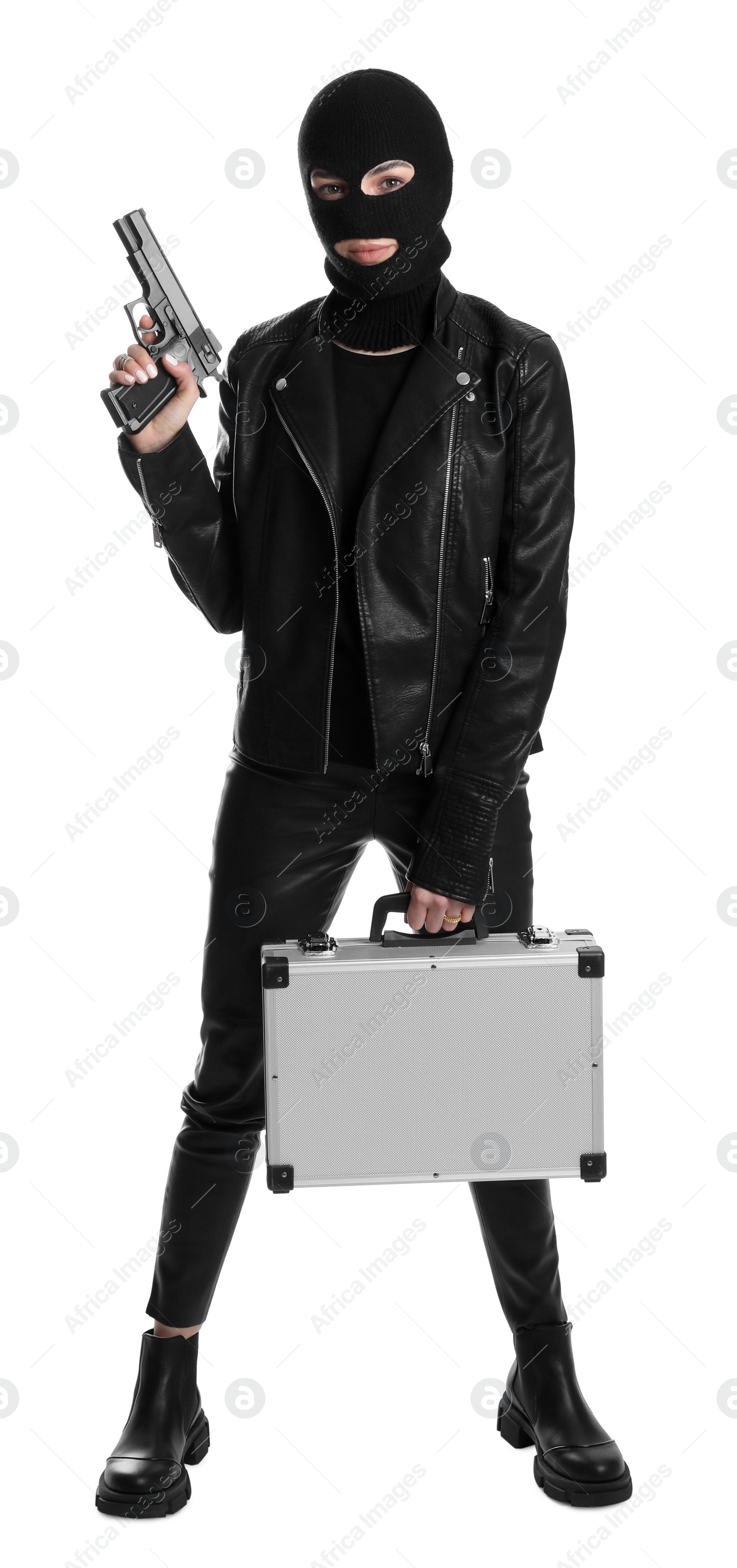 Photo of Woman wearing knitted balaclava with metal briefcase and gun on white background