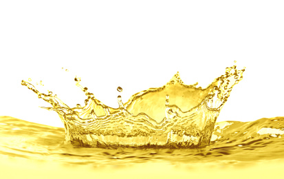 Image of Splash of natural cooking oil on white background