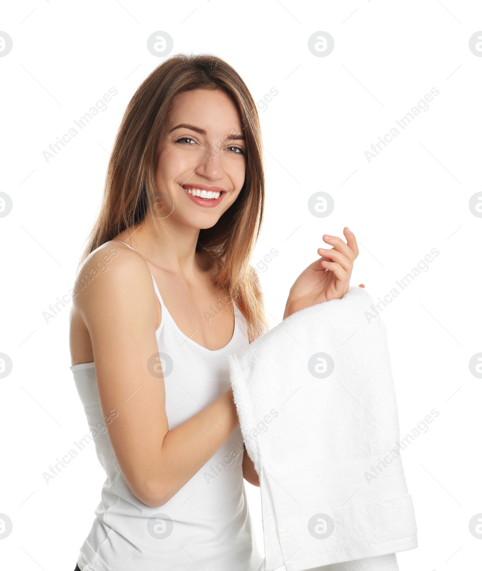 Photo of Young woman wiping hands with towel on white background