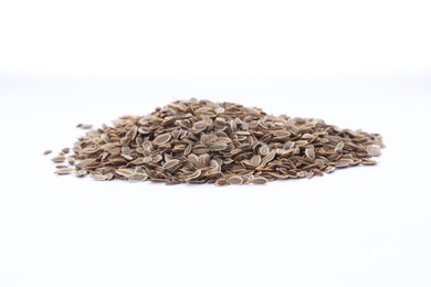 Photo of Heap of dry dill seeds isolated on white