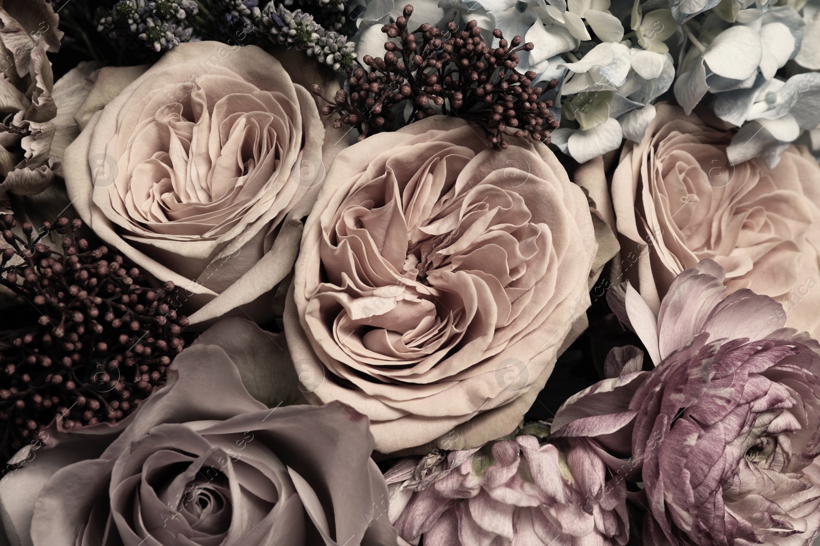 Photo of Beautiful bouquet of different flowers, closeup. Floral card design with dark vintage effect