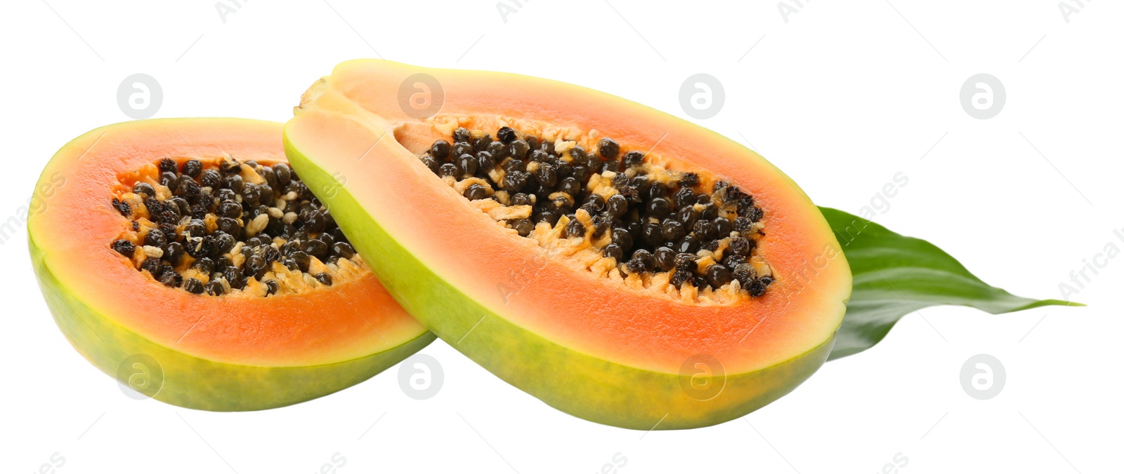 Photo of Fresh halved papaya fruit with green leaf on white background