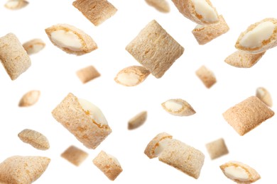 Image of Sweet crispy corn pads flying on white background 