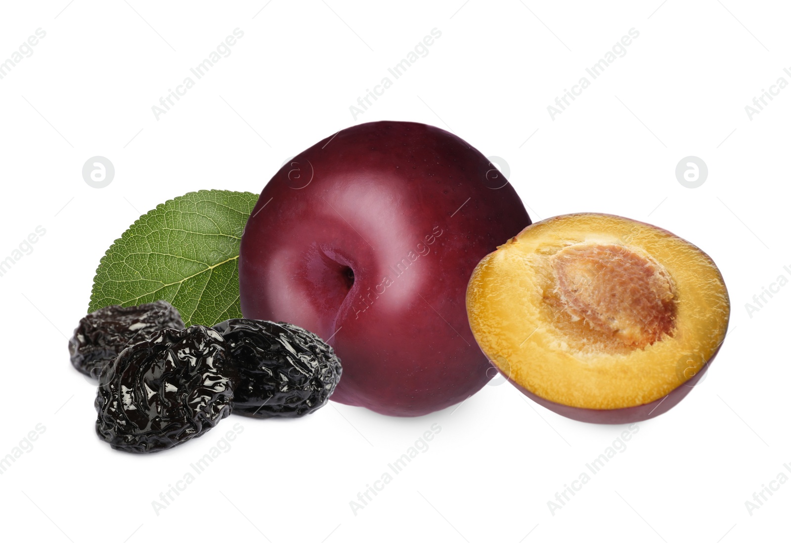 Image of Delicious fresh ripe plums and sweet dried prunes on white background 