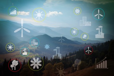 Image of Digital icons of sustainable development goals and view of beautiful mountains