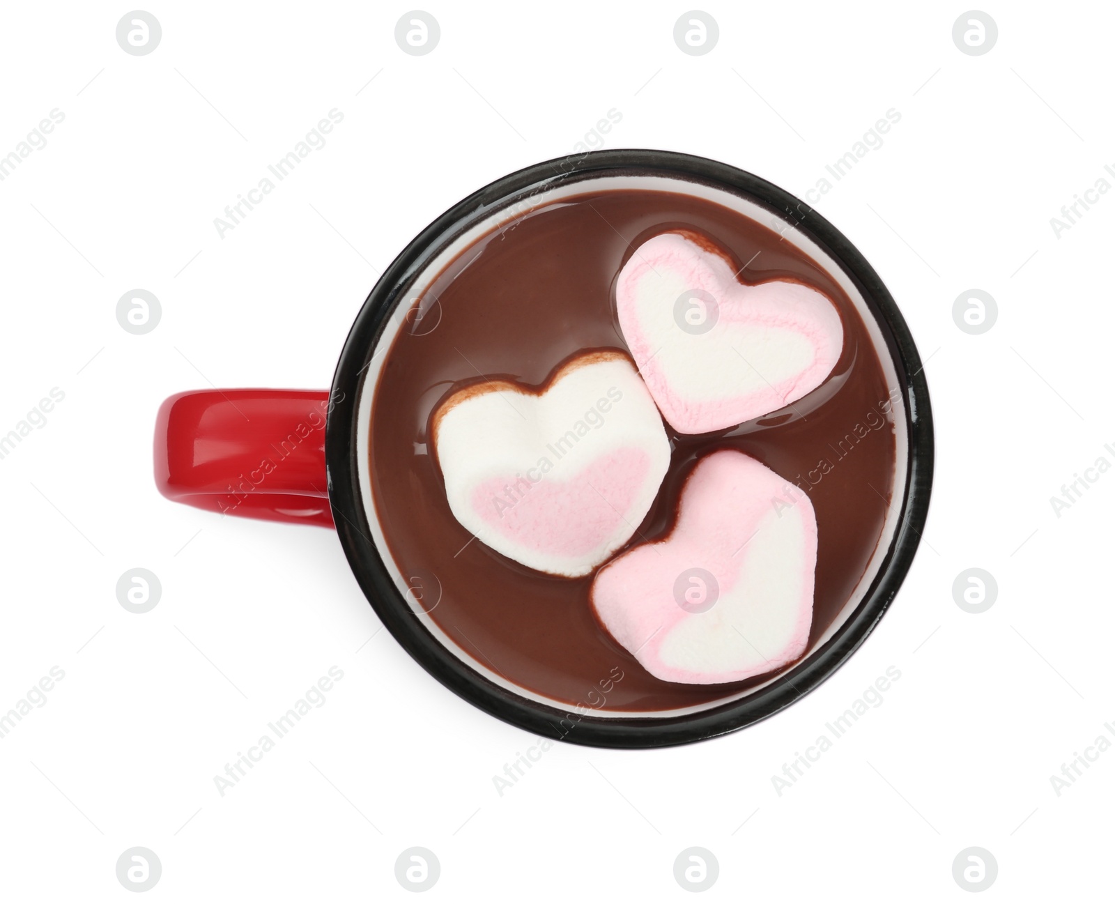 Photo of Cup of delicious hot chocolate with marshmallows isolated on white, top view