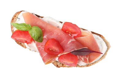 Tasty bruschetta with prosciutto, tomatoes and cheese on white background, top view