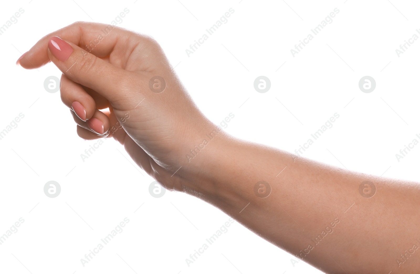 Photo of Woman holding something on white background, closeup