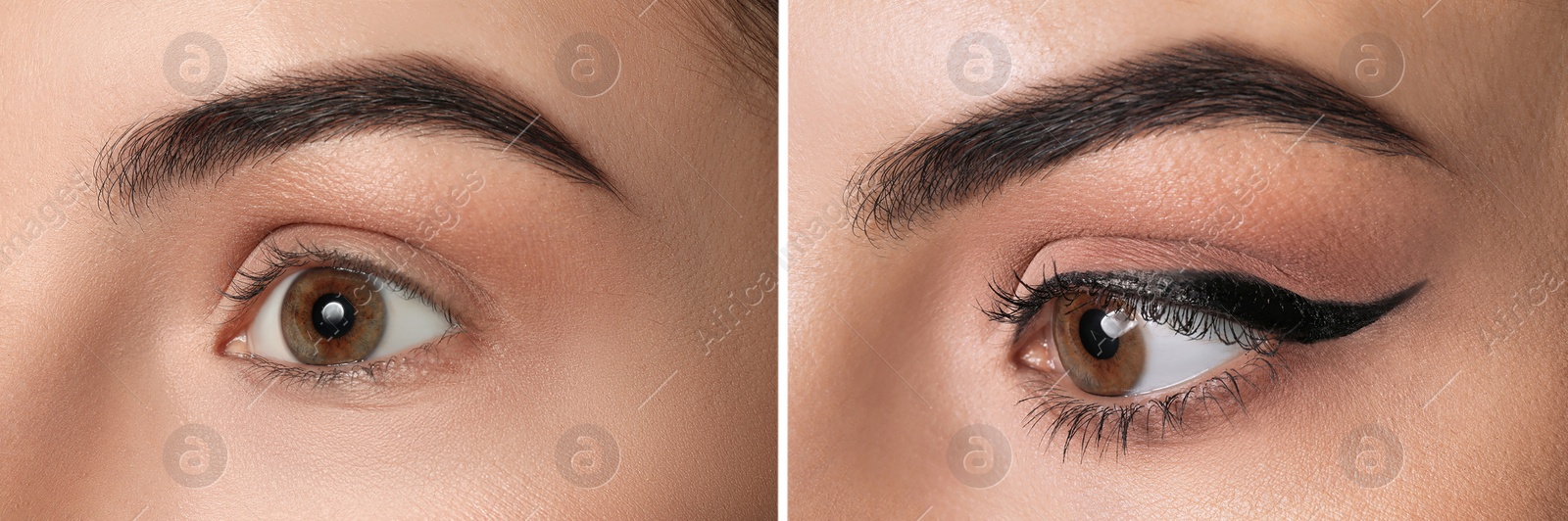 Image of Collage with photos of woman before and after applying eyeliner, closeup view. Banner design