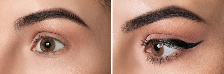 Image of Collage with photoswoman before and after applying eyeliner, closeup view. Banner design