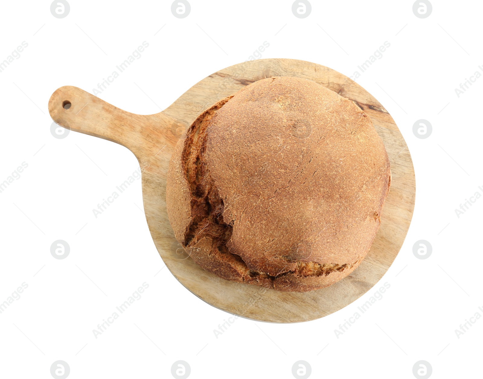 Photo of Whole freshly baked sourdough bread isolated on white, top view