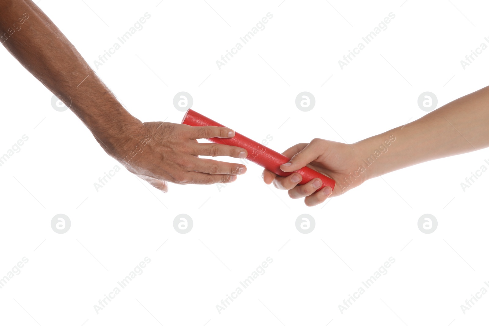 Photo of Man passing relay baton to teammate isolated on white, closeup