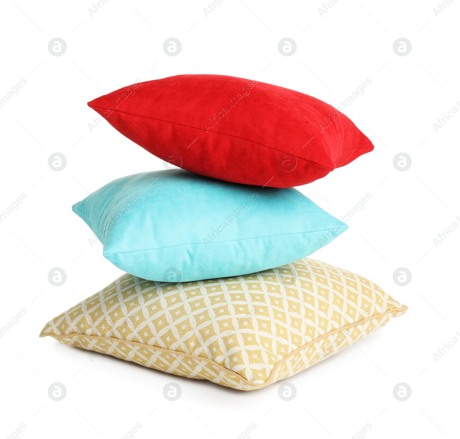 Photo of Stack of colorful decorative pillows on white background