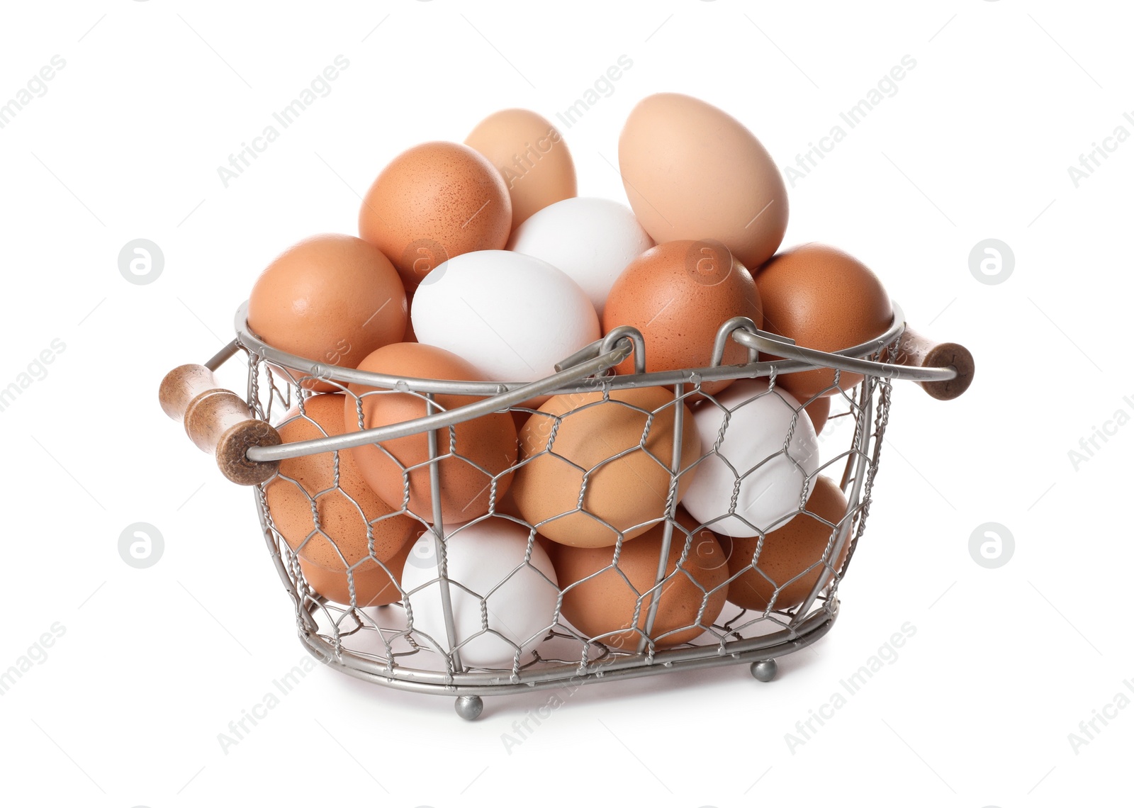 Photo of Fresh chicken eggs in metal basket isolated on white