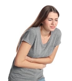 Woman suffering from stomach ache on white background. Food poisoning
