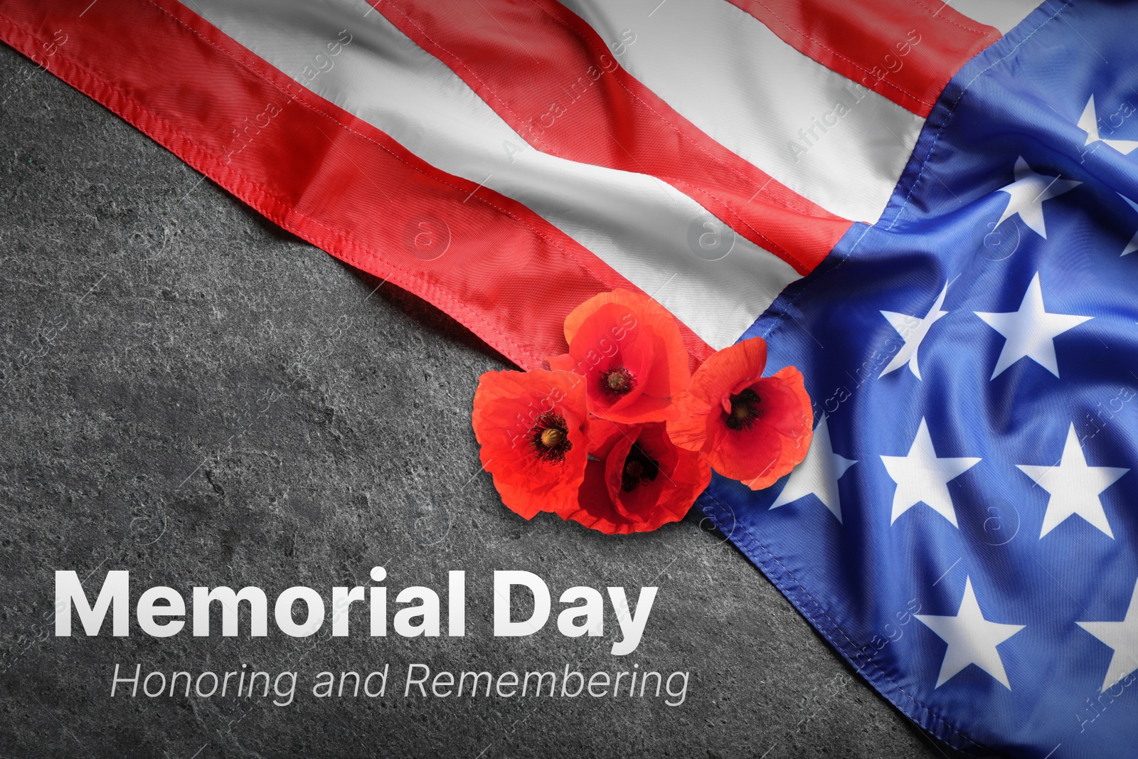Image of Memorial Day, Honoring and Remembering. American flag and red poppy flowers on grey background, closeup