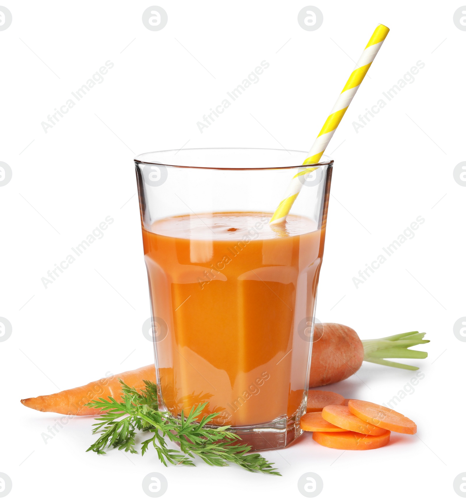 Photo of Carrot and glass of fresh juice on white background