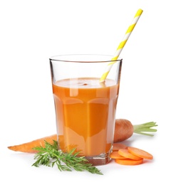 Photo of Carrot and glass of fresh juice on white background