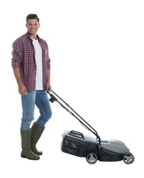 Man with modern lawn mower on white background