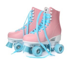 Photo of Pair of bright stylish roller skates on white background