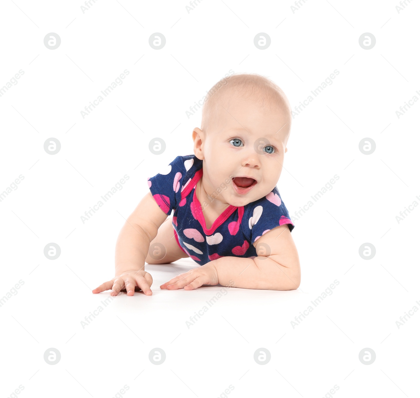 Photo of Cute little baby on white background. Tummy and crawling time