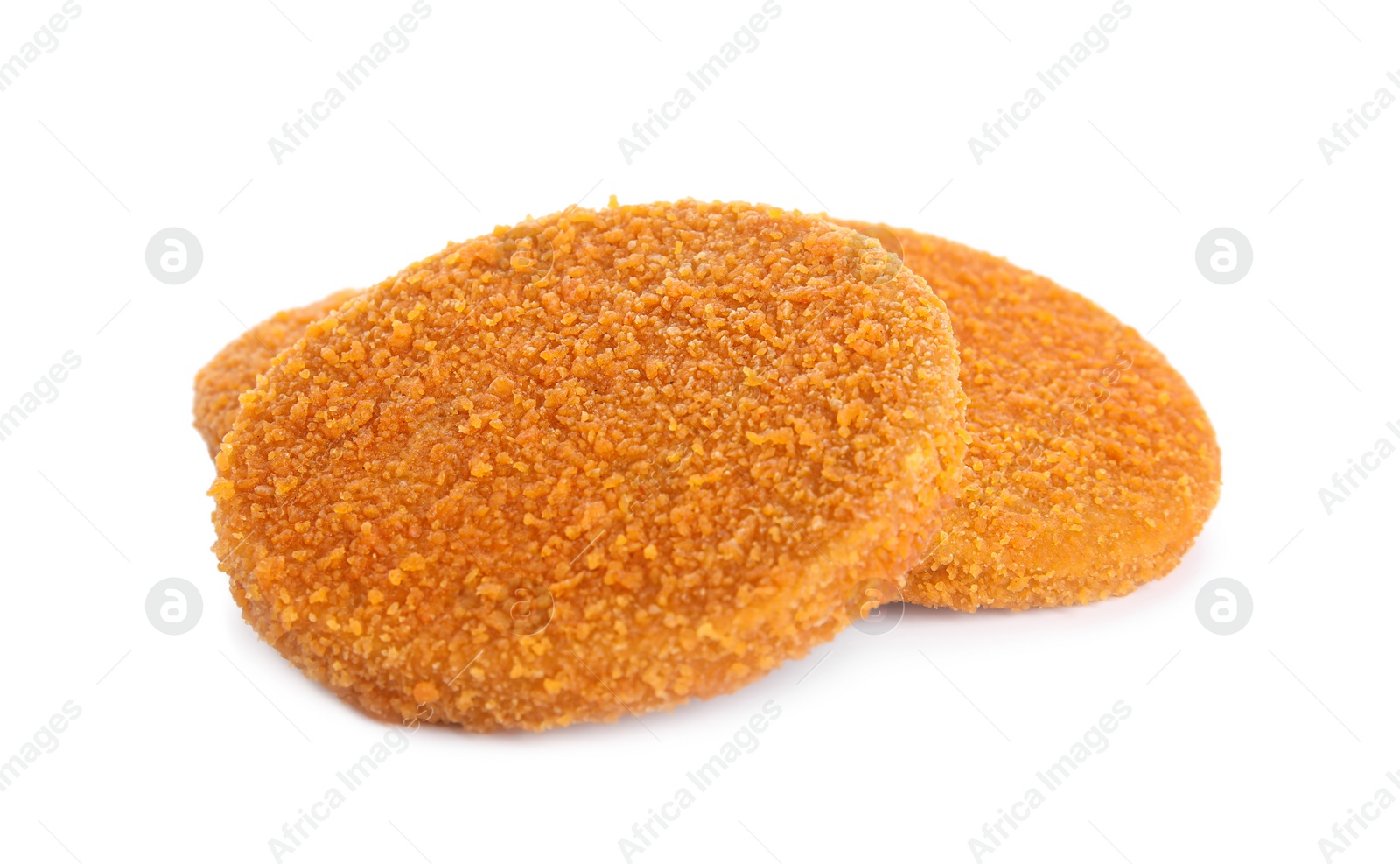 Photo of Delicious fried breaded cutlets on white background