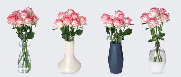 Image of Collage of stylish vases with beautiful rose bouquets on light background. Banner design