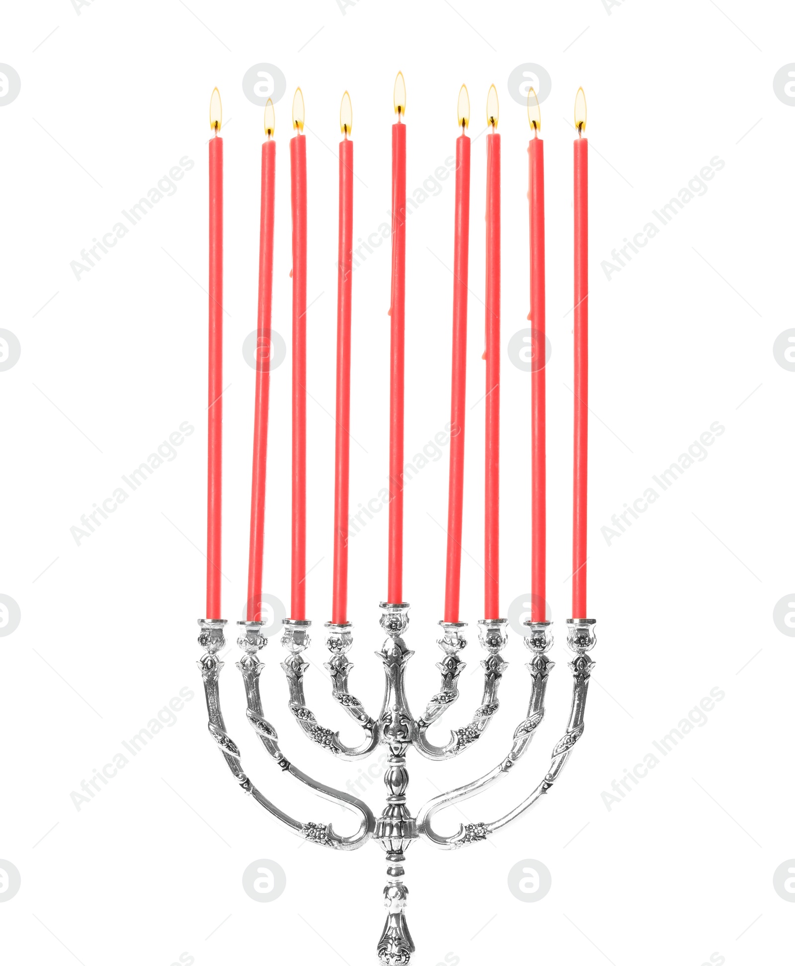 Photo of Silver menorah with burning candles on white background. Hanukkah celebration