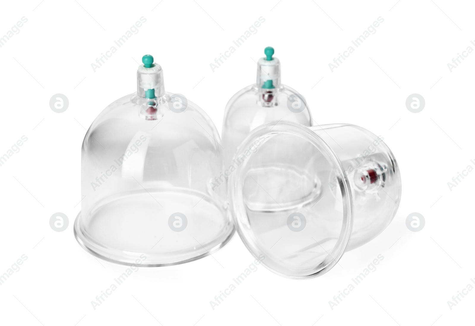 Photo of Plastic cups isolated on white. Cupping therapy