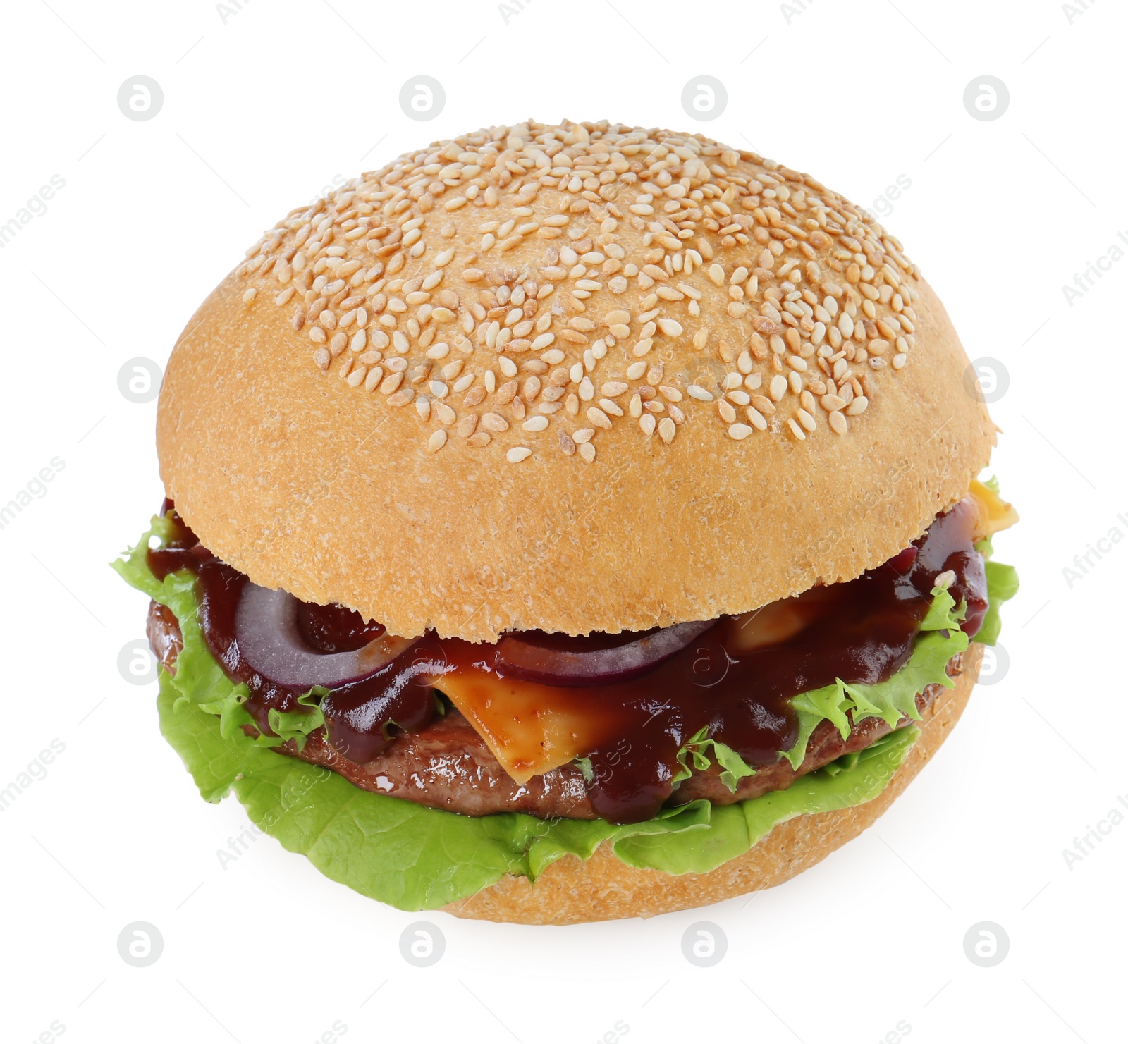 Photo of Delicious cheeseburger with lettuce, onion, ketchup and patty isolated on white