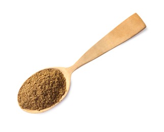 Photo of Spoon of aromatic caraway (Persian cumin) powder isolated on white, top view
