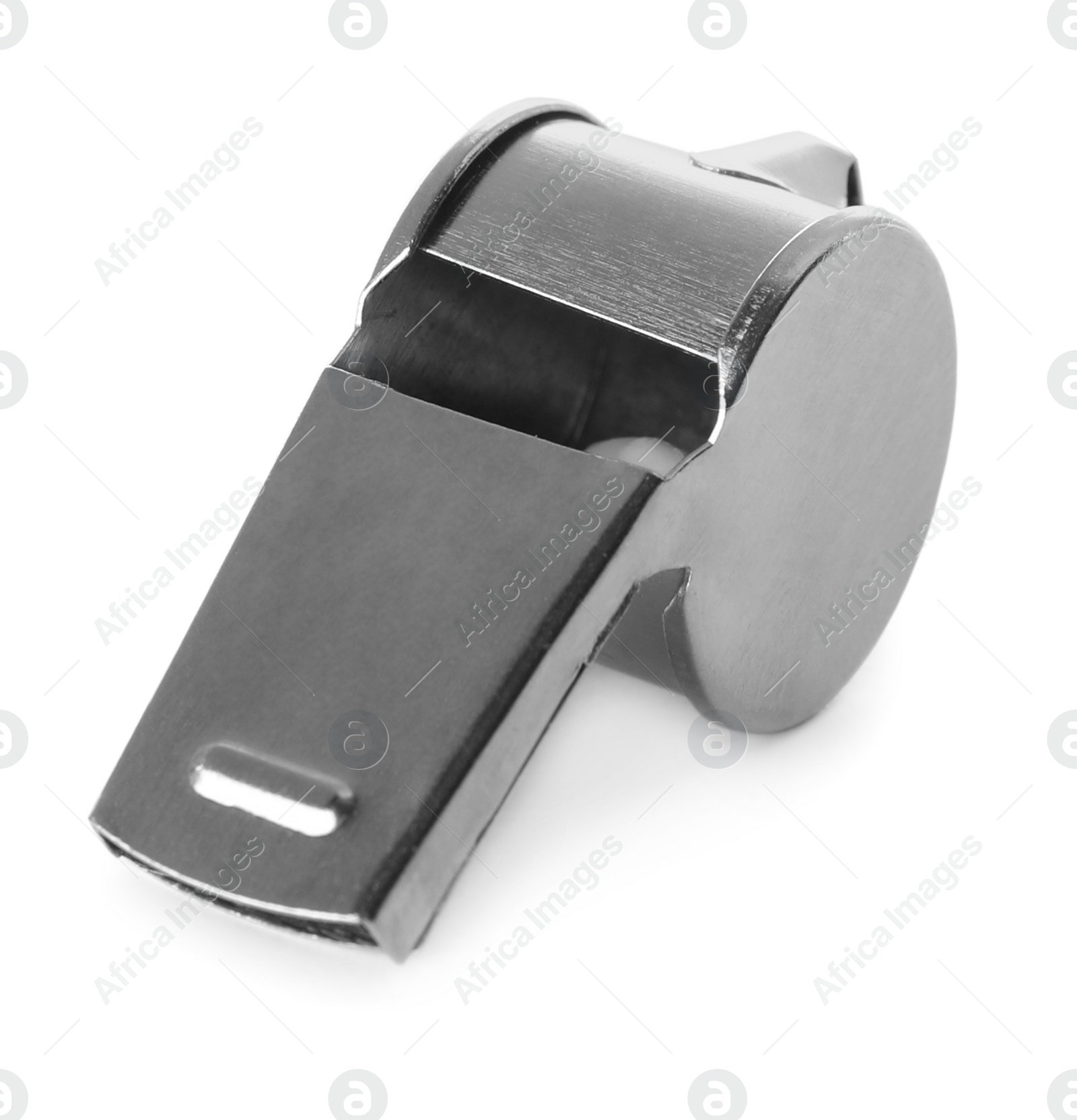 Photo of One metal whistle isolated on white. Sport equipment