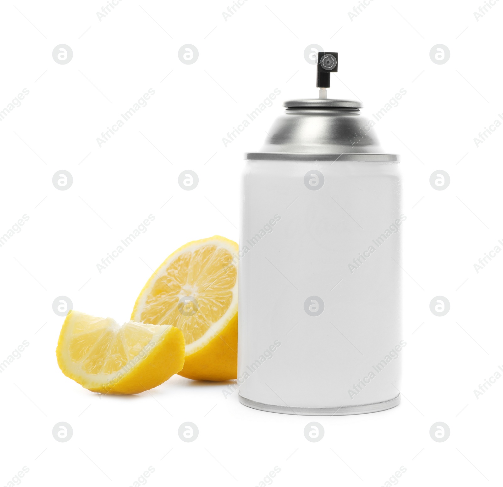 Photo of Spray air freshener and lemon on white background